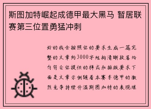 斯图加特崛起成德甲最大黑马 暂居联赛第三位置勇猛冲刺